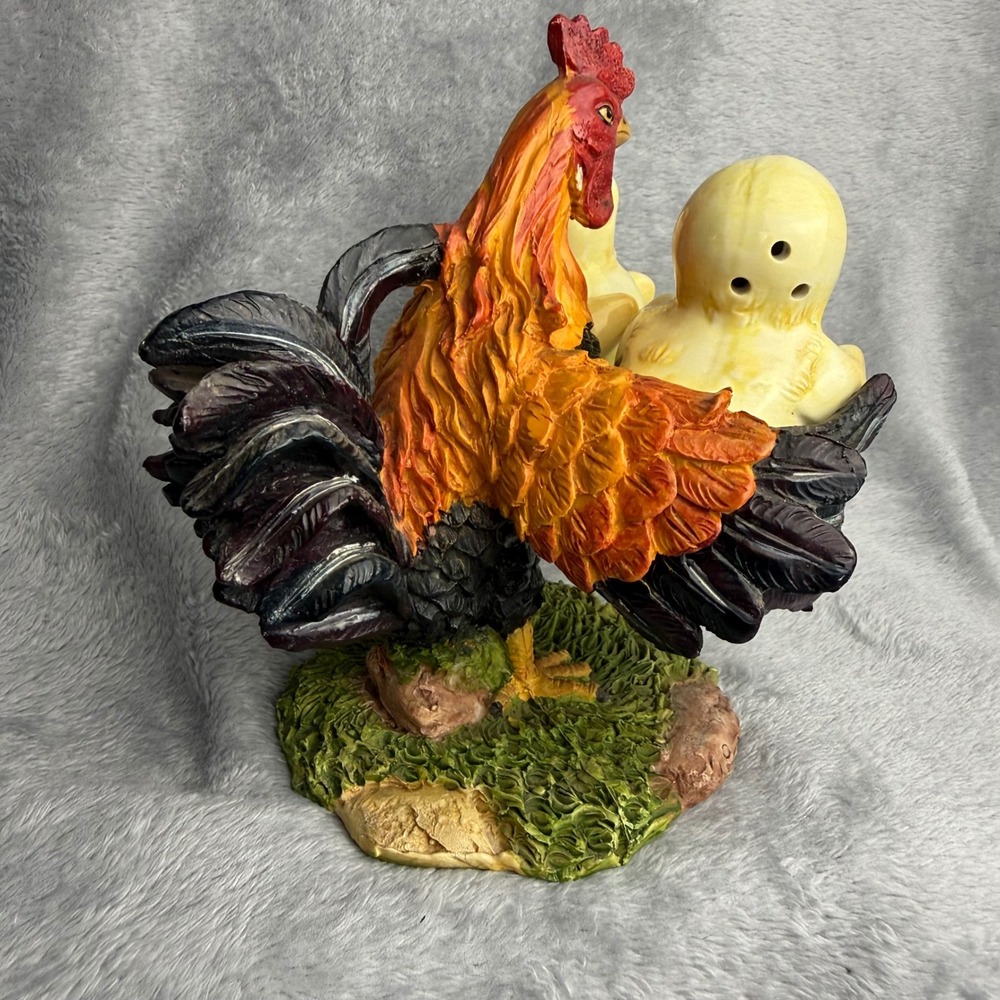 Rooster and Chicks Salt and Pepper Shaker Set with Caddy Farmhouse Decor Resin - Picture 2 of 7
